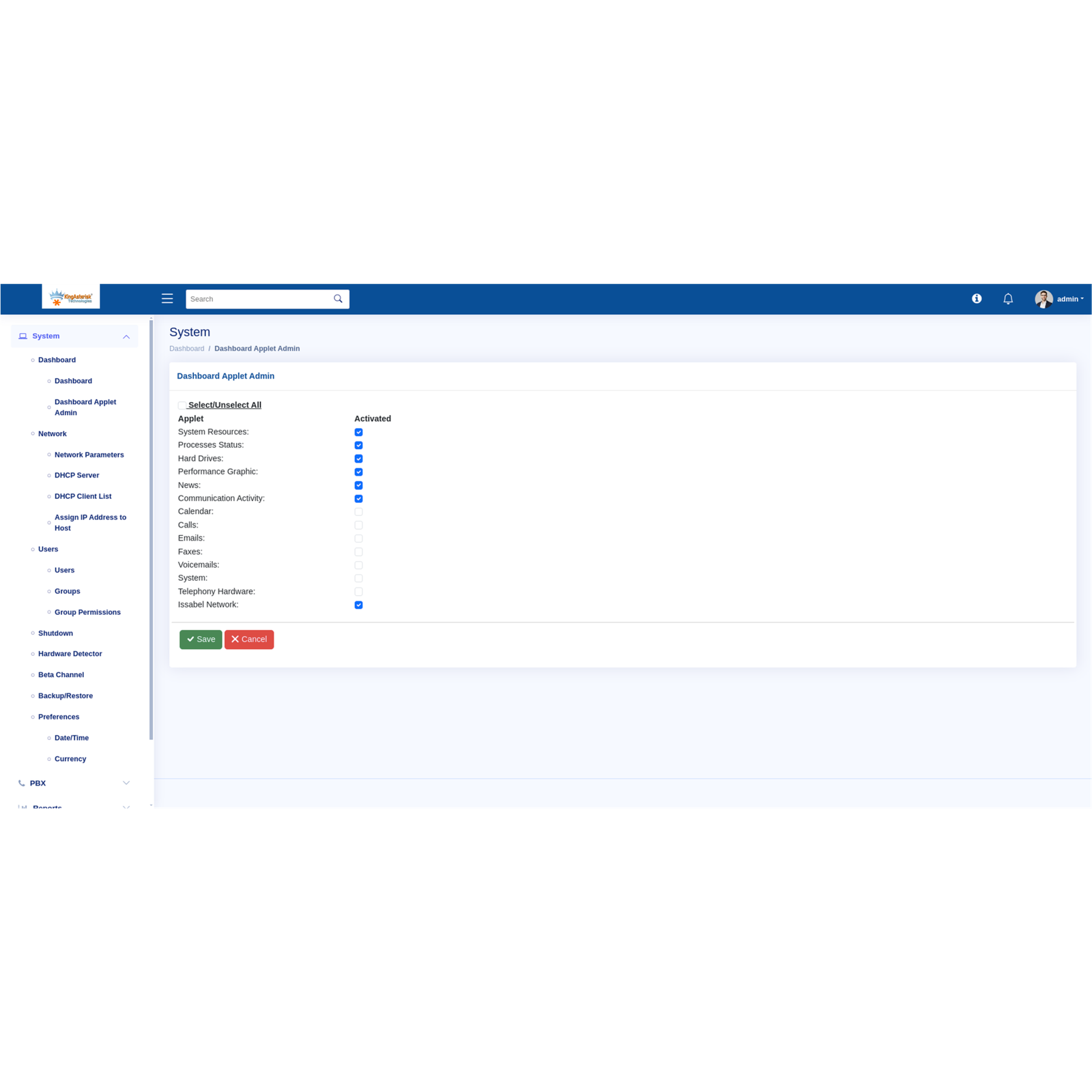 Dashboard Applet Admin